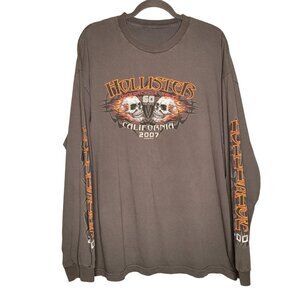 Hollister Motorcycle Rally California 2007 Graphic Long sleeve Tee Gray Mens XL